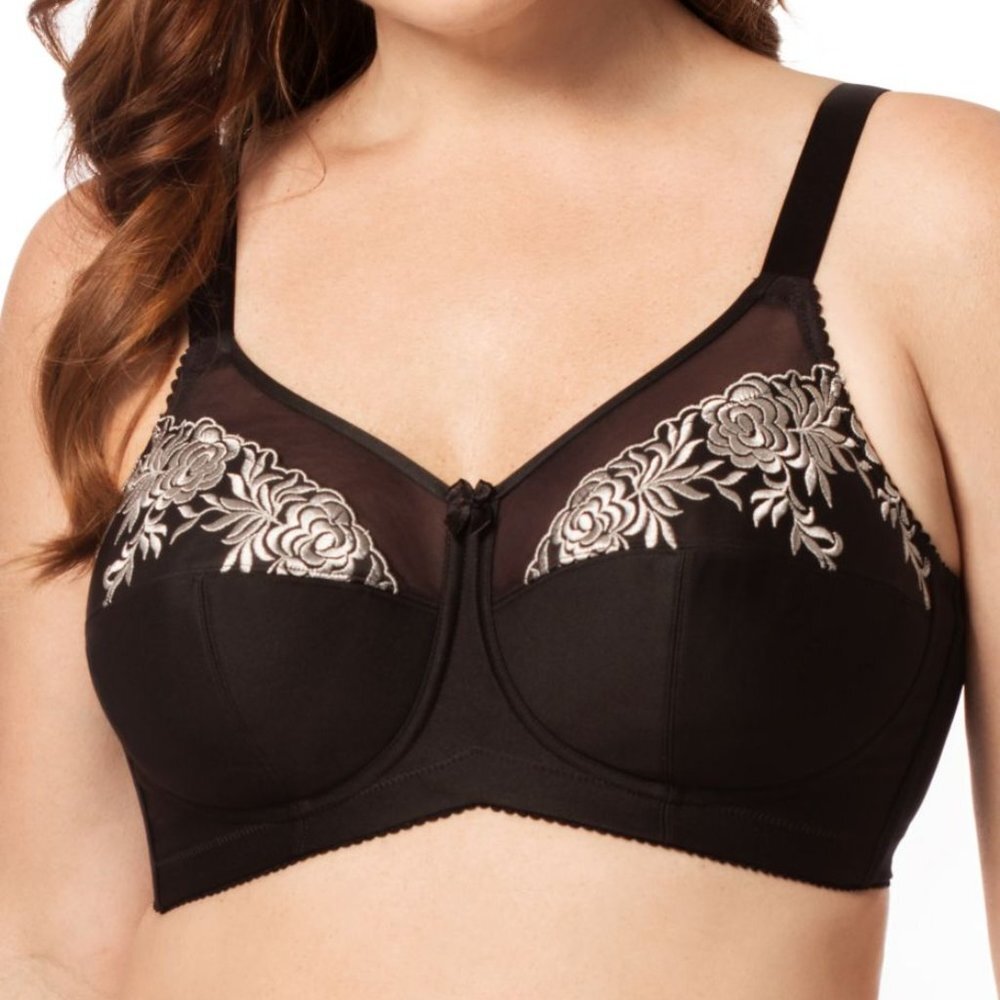New Elila Full Figure Embroidered Microfiber Wire-Free Bra Black & Sliver 1301